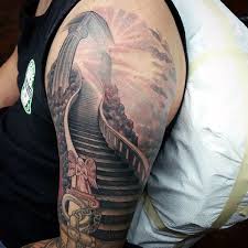 The face obscured behind the skull has such a fierce expression to it, and yet. Stairway To Heaven Tattoo Design Body Tattoo Art
