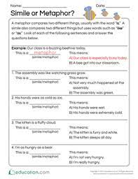 A simile is a type of metaphor in which the comparison is made with the use of the word like or its equivalent Simile Or Metaphor Worksheet Education Com