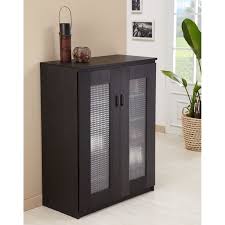 Cabinetry elements include a freestanding linen cabinet and wall mounted sink cabinet and horizontal side cabinet with towel bar. Florina Frosted Glass Front Shoe Cabinet Black Walmart Com Walmart Com