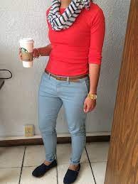 Spring Outfit Orange Shirt Light Blue Pants Blue Toms Blue And White Stripped Scarf Toms Outfits Blue Toms Blue Toms Outfit