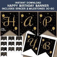Purple banner features purple stripes, purple florals, and gold letters! Glitter Balloons Birthday Banner Printable Happy Birthday Banner Black Gold Birthday Party Decorations 30th 40th 50th 60th 70th 80th Bal In 2021 Birthday Banner Gold Birthday Party Gold Birthday Party Decorations