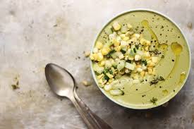 Chilled Cream Of Basil Soup With Corn Cucumber Salad Recipe Spring Soups Cold Soup Summer Soup