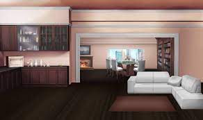 Int Pink And White Open Floor Apartment Day Living Room Background Kitchen Background Anime Background