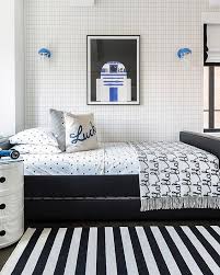 Black White And Blue Bedroom Ideas Star Wars Black White And A Pop Of Blue This Space Designed For Our Client Stylish Kids Room Kids Room Inspiration Boys Room Design