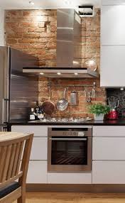 Decorations Fabulous Brick Wall Kitchen Backsplash With Wall Mounted Stainless Steel Ve Brick Wall Kitchen Industrial Kitchen Design Minimalist Kitchen Design