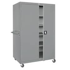 The cabinet has 1 shelf, 1 saddle rack, and 4 hooks, and they are all adjustable in height. Sandusky Lee Mobile Light Grey Steel Storage Cabinet 46 L X 24 W X 78 H