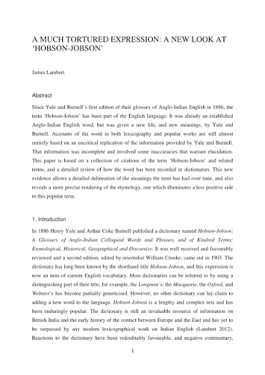 PDF) A Much Tortured Expression: A New Look at 'Hobson-Jobson'