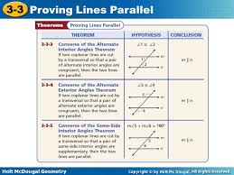 Given 2 lines cut by a transversal, and algebraic expressions for same side exterior angles, find x. Holt Mcdougal Geometry 3 3 Proving Lines Parallel Warm Up State The Converse Of Each Statement 1 If A B Then A C B C 2 If M A M B 90 Ppt Download