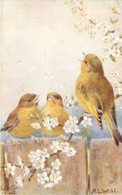 Bird Sitting On Branch Painting Three Yellow Brown Finches One On Blossom Branch Two On Fence Tuckdb Vintage Birds Birds Painting Watercolor Bird