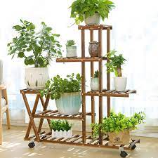 4 Layer Wooden Plant Flower Pot Stand Shelf Indoor Outdoor Garden Planter Fir Wood With Wheels Without Guardrail 37 Inch Walmart Com Wooden Flowers House Plants Decor Plant Display Ideas