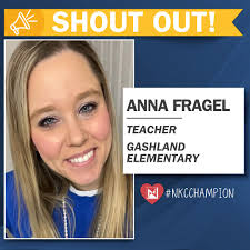 SHOUT OUT to Anna Fragel, a kindergarten teacher at Gashland! Anna's warm  greetings and infectious enthusiasm create a positive learning environment,  both in the classroom and during past virtual days. Her dedication