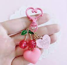 Pink Cherry Keyring With Heart Clasp Cute Heart Keychain Etsy Heart Keychain Heart Keyring Keychain