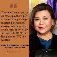 Associate Justice Amy C. Lazaro-Javier: "There will be a total of 20 essay  questions per exam, with only a single question per number. Answers will be  graded with a total of 0