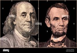 Portrait of U.S. Presidents Benjamin Franklin and Abraham Lincoln Stock  Photo