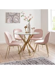 It looks better in person. Chopstick 100cm Round Brass Dining Table 4 Penny Velvet Chairs Brass Pink Glass Round Dining Table Round Dining Room Glass Dining Table Decor
