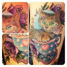 Kitty In A Tea Cup Cattoo By Ally Riley At Dangerzone Tattoo Teacup Tattoo Teacup Cats Animal Tattoo