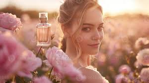 Young woman in a blooming rose field, sunlight illuminating her face, with  perfume bottle nearby 56295638 Stock Photo at Vecteezy