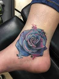3d black rose tattoo on foot for men. Beautiful Blue Pink Rose Tattoo On Ankle By Zak Schulte