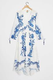 Details polyester 3/4 sleeves scoop neckline shirred skirt tie up back partially lined stretch fabric cold hand wash only prints may vary. Https S7d5 Scene7 Com Is Image Anthropologie 4130638280114 049 B A15 Pdp Detail Shot Fit Constrain Qlt 80 Wi Shop Floral Dresses Maxi Dress Unique Dresses
