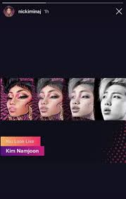 Nicki minaj gave birth on wednesday september 30 in los angeles, a source close to the pair told people magazine. 191019 Nicki Minaj Posts You Look Like Kim Namjoon Results On Her Instagram Story Bangtan