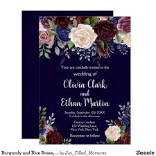 Burgundy And Blue Roses On Royal Blue Background Invitation Burgundy Invitations Floral Invitation Blue Wedding Invitations
