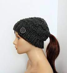 Chunky Knit Ponytail Hat Ponytail Beanie Low Ponytail Hole Etsy Knitted Ponytail Hat Ponytail Hat Crochet Free Pattern Crochet Bun Hat
