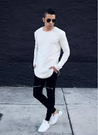 Black And White Long Sleeve T Shirt Men S White Long Sleeve T Shirt Black Sweatpants White Low Top Sneakers Black Sunglasses Shirt Outfit Men Mens Outfits Black Pants Men
