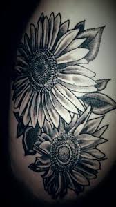 Black And Grey Sunflower Tattoo Designs My Beautiful First Tattoo Large Black And Grey Sunflowers With Lots Of Detailed Shading Sunflo Sunflower Tattoo Shoulder Sunflower Tattoo Thigh First Tattoo