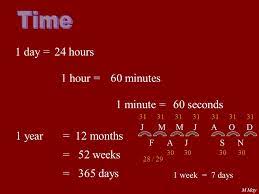 So if the number of minutes was 15, the decimal equivalent would be 0.25 (15 ÷ 60 = 0.25). Time 1 Day 24 Hours 1 Hour 60 Minutes 1 Minute 60 Seconds 1 Year Ppt Download