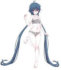 kiniro tofu, yuko yurei, idol corp, absurdres, commission, highres, 1girl,  blue hair, bra, feet, long hair, panties, red eyes, ribbon, simple  background, striped bra, striped clothes, striped panties, thighs, toes,  underwear, virtual