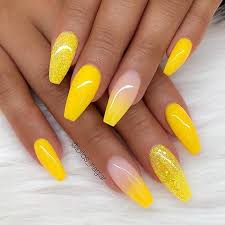 Russian nail art ideas 💡 yellow and blue nails with stamping | des_mynails. Repost Sunny Yellow Ombre Effect And Glitter On Coffin Nails Picture And Yellow Nails Design French Tip Nail Designs Nail Designs