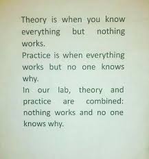 Theory Is When You Know Everything But Nothing Works Practice Is When Everything Works But No One Knows Why I Science Jokes Funny Science Jokes Science Memes