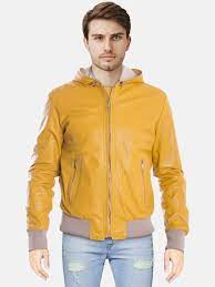 Yellow Hooded Leather Bomber Jacket Leather Bomber Jacket Leather Jacket With Hood Bomber Jacket