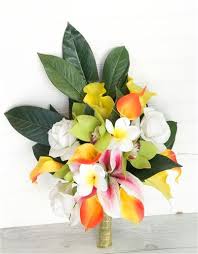 Unlike their fresh counterparts, these undying silk blossoms will always stay colorful, vibrant, and blooming, oozing everlasting festive colors of happiness all around! Silk Wedding Tropical Bouquet Mix In Orange Yellow Green And Pink Natural Touch Bouquet With Orchids Plumerias Roses And Stargazer Fresh Wedding Flowers Flower Bouquet Wedding Wedding Flower Guide