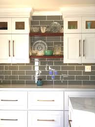 White Cabinets Grey Glass Tile Champagne Gold Pulls Open Shelving Grey Glass Tiles White Cabinets Open Shelving