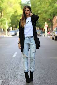 Black Boots With Blue Jeans Womens Women S Black Open Cardigan White And Black Print Crew Neck T Shirt Light Blue Boyfriend Jeans Black Suede Ankle Boots Fashion Boots Outfit Ankle Boyfriend Jeans Outfit