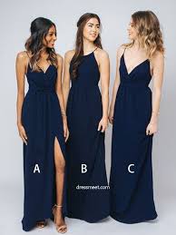Sheath V Neck Spaghetti Straps Split Navy Chiffon Long Bridesmaid Dresses Under 100 Bridesmaid Dresses Long Navy Bridesmaid Dresses Spaghetti Strap Bridesmaids Dresses