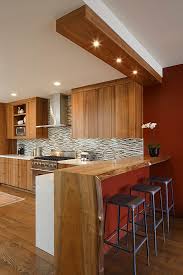 Live Edge Counter Bar Kitchen Contemporary With Wood Countertops Waterfall Counters Wood Cabinets Kitchen Bar Design Contemporary Kitchen Kitchen Bar Lights
