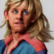 Long hair Ellen DeGeneres, realistic, photo studio,