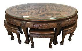 A distinctive coffee table or cocktail table can bring your living area alive. Asian Hand Carved Solid Mahogany Tea Table With 6 Stools Chairish