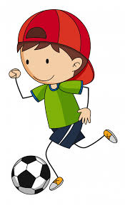 Young ponytail brunette happy face expression soccer running playing football with black and blue uniform. Free Vector Little Boy Playing Football