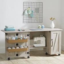 Better Homes Gardens Modern Farmhouse Wood Sewing Table Rustic White Walmart Com In 2020 Small Sewing Rooms Sewing Table Craft Tables With Storage