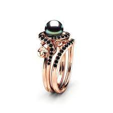 Black Pearl Engagement Ring Set Rose Gold Ring Leaf Engagement Etsy Pearl Engagement Ring Set Pearl Engagement Ring Solitaire Engagement Ring Rose Gold