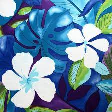 Blooming hibiscus on black background. Fabric Pacific Paradise In Blue Large Print Tropical Floral Hawaiian Monstera Leaf By The Yard By Bluepacificfabrics Etsy Shop For Bluepacificfabrics Birds Of Paradise Flower Hawaiian Fabric Tropical Painting