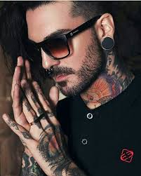 Black light tattoo on neck for men. Edward Tiger Neck Tattoo For Guys Bearded Tattooed Men Mens Glasses Fashion