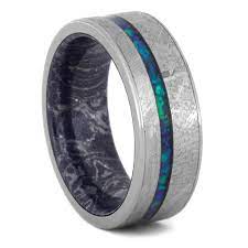 Crushed Opal Men S Wedding Band Meteorite Ring With Mokume Sleeve 3558 Cool Wedding Rings Mens Wedding Rings Opal Wedding Band