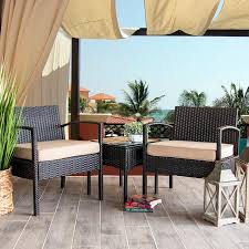 Barton Stationary 3 Piece Wicker Outdoor Bistro Set With Cream Cushions 93502 The Home Depot Outdoor Bistro Set Small Patio Furniture Patio Chairs