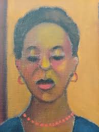 Acquisition female figure with bird sculpture warm earth tones flash of red