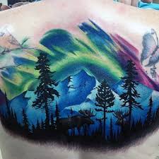 50 Northern Lights Tattoo Designs For Men Aurora Borealis Ideas Northern Lights Tattoo Moose Tattoo Watercolor Mountains Tattoo