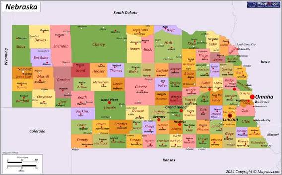 Map of Nebraska State, USA - Mapsius.com